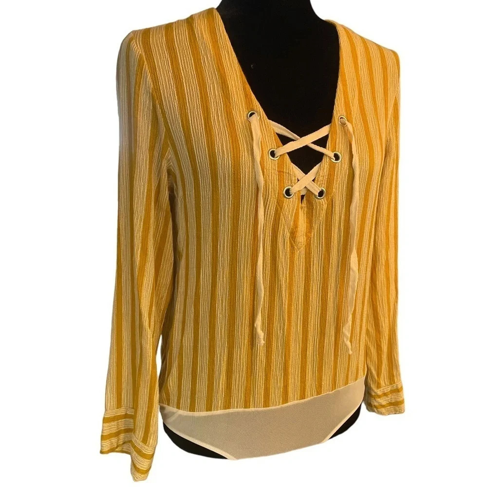 Intimately Free People Mustard Yellow Stripe Bodysuit XS